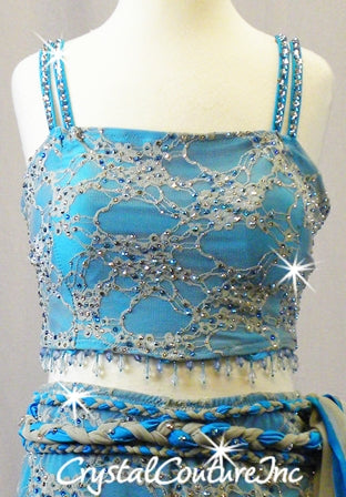 Custom Turquoise Blue with Grey Lace Crop Top and Booty Shorts - Swarovski Rhinestones
