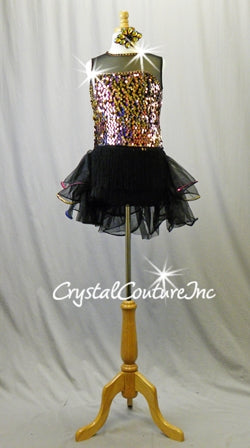 Black with Gold, Rainbow Color Sequin Biketard with Fringe/Sheer Skirt - Swarovski Rhinestone