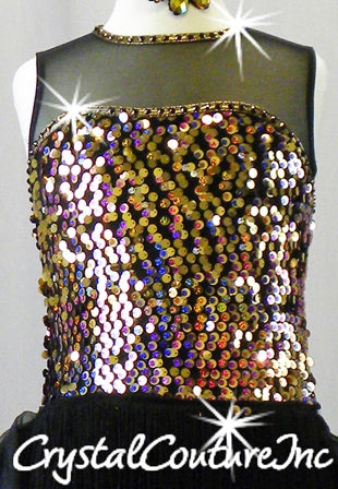 Black with Gold, Rainbow Color Sequin Biketard with Fringe/Sheer Skirt - Swarovski Rhinestone