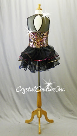 Black with Gold, Rainbow Color Sequin Biketard with Fringe/Sheer Skirt - Swarovski Rhinestone