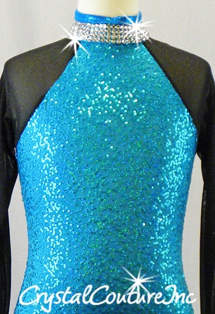 Turquoise Blue Sequined Leotard with Black Sparkly Mesh Sleeves - Swarovski Rhinestones