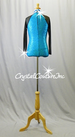 Turquoise Blue Sequined Leotard with Black Sparkly Mesh Sleeves - Swarovski Rhinestones