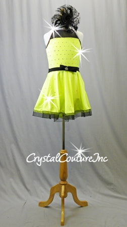 Neon Yellow Dress with Black Belt and Trim - Swarovski Rhinestones