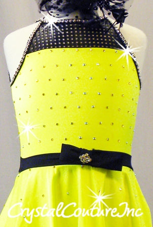 Neon Yellow Dress with Black Belt and Trim - Swarovski Rhinestones
