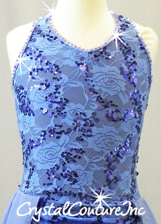 Periwinkle Leotard with Floral Lace and Chiffon Back Skirt - Swarovski Rhinestones