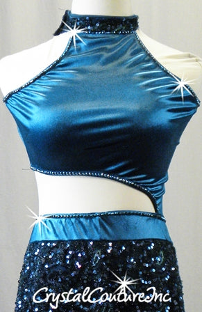 Dark Teal and Navy Blue Connected 2pc Top and Skirt/Trunk - Swarovski Rhinestones