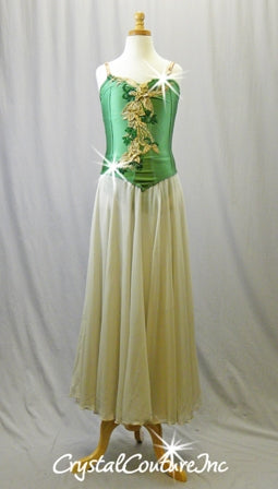 Green Corset Leotard with Lt Tan Skirt - Appliques - Swarovski Rhinestones