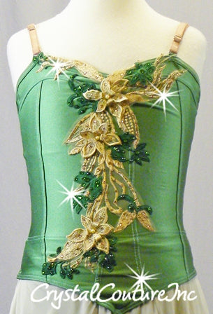 Green Corset Leotard with Lt Tan Skirt - Appliques - Swarovski Rhinestones