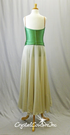 Green Corset Leotard with Lt Tan Skirt - Appliques - Swarovski Rhinestones