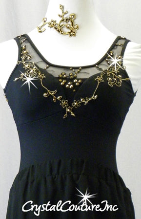 Black Leotard and Crepe Skirt with Black/Gold Appliques - Swarovski Rhinestones