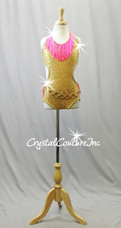Gold Zsa Zsa sequin Leotard with Hot Pink Fringe - Swarovski Rhinestones