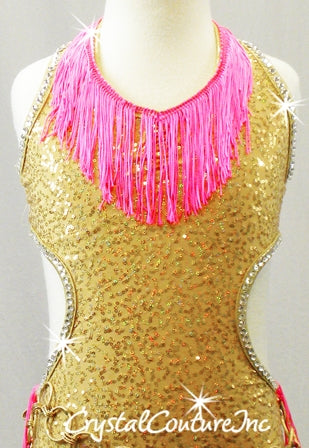 Gold Zsa Zsa sequin Leotard with Hot Pink Fringe - Swarovski Rhinestones