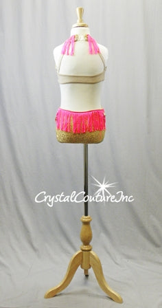 Gold Zsa Zsa equin Leotard with Hot Pink Fringe - Swarovski Rhinestones