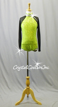 Lime Green Sequined Leotard with Black Sparkly Mesh Sleeves - Swarovski Rhinestones