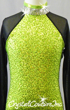 Lime Green Sequined Leotard with Black Sparkly Mesh Sleeves - Swarovski Rhinestones
