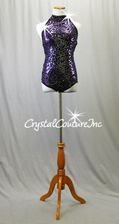 Black Lace and Purple Leotard with Graphite Sequins - Swarovski Rhinestones