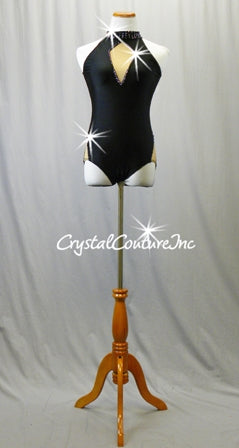 Black Lycra Leotard with Nude Mesh Insets and Open Back - Swarovski Rhinestones