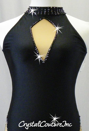 Black Lycra Leotard with Nude Mesh Insets and Open Back - Swarovski Rhinestones