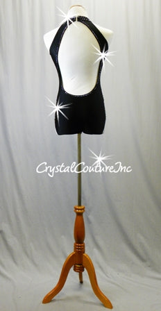 Black Lycra Leotard with Nude Mesh Insets and Open Back - Swarovski Rhinestones
