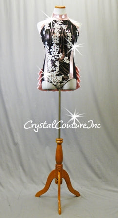 Black/Pink Halter Leotard with Ruffles & White Sequined Flowers - Rhinestones