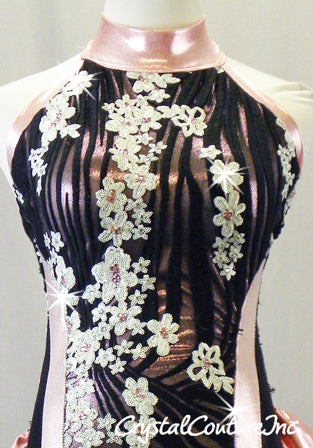 Black/Pink Halter Leotard with Ruffles & White Sequined Flowers - Rhinestones