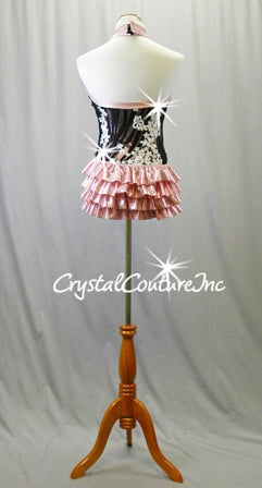 Black/Pink Halter Leotard with Ruffles & White Sequined Flowers - Rhinestones