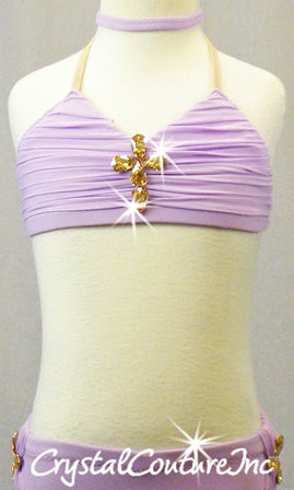 Lt Purple Halter Top and Trunks with Mesh Ruching and Swarovski Fancy Stones