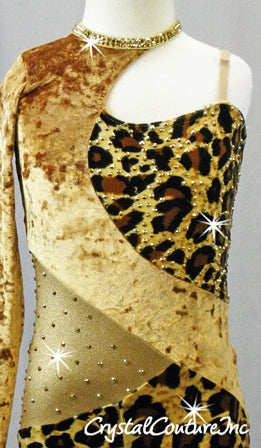 Gold & Cheetah Print Velour Asymmetrical Biketard - Swarovski Rhinestones