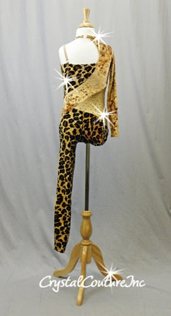 Gold & Cheetah Print Velour Asymmetrical Biketard - Swarovski Rhinestones