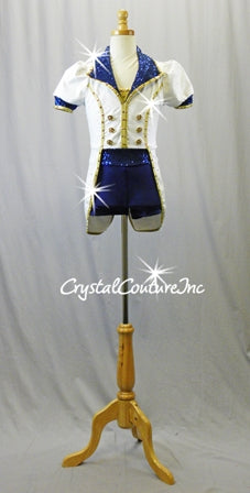 White & Navy Blue Biketard/Jacket with Gold Trim - Swarovski Rhinestones