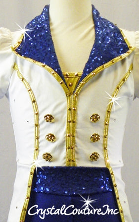 White & Navy Blue Biketard/Jacket with Gold Trim - Swarovski Rhinestones