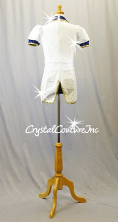 White & Navy Blue Biketard/Jacket with Gold Trim - Swarovski Rhinestones
