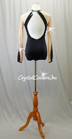 Black Leotard with Nude Mesh and Lace Side Insets - Swarovski Rhinestones