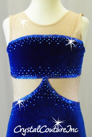 Royal Blue Velour Leotard with Nude Mesh Accents - Rhinestones