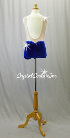Royal Blue Velour Leotard with Nude Mesh Accents - Rhinestones