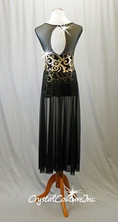 Black Leotard with Gold Patterned Sequins and Long Black Mesh Skirt - Swarovski Rhinestones