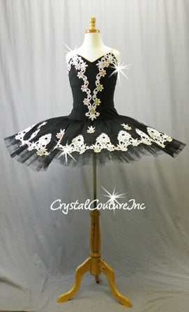 Custom Black Platter Tutu with White Lace - Swarovski Rhinestones