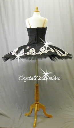 Custom Black Platter Tutu with White Lace - Swarovski Rhinestones