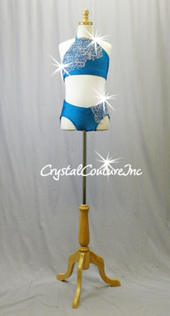 Dark Teal Blue Halter Top and Trunk with Silver Open Net - Swarovski Rhinestones