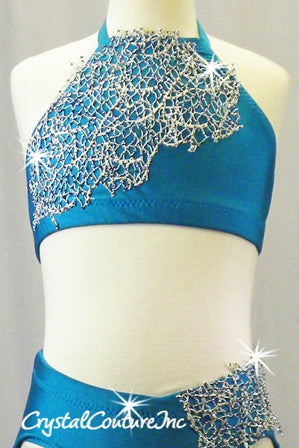 Dark Teal Blue Halter Top and Trunk with Silver Open Net - Swarovski Rhinestones