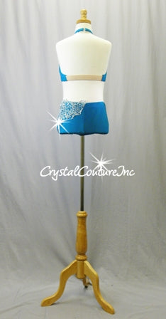 Dark Teal Blue Halter Top and Trunk with Silver Open Net - Swarovski Rhinestones