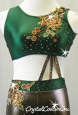 Forest Green and Bronze Connected 2 Piece Top and Booty Shorts - Swarovski Rhinestones