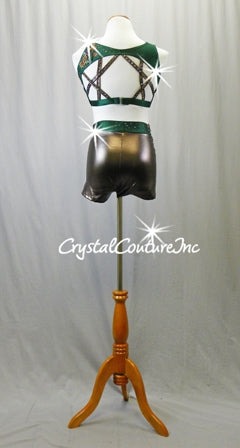 Forest Green and Bronze Connected 2 Piece Top and Booty Shorts - Swarovski Rhinestones