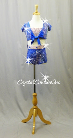 Blue and Pink 3 piece Crop Jacket, Shorts with Pink Bra Top -  Rhinestones