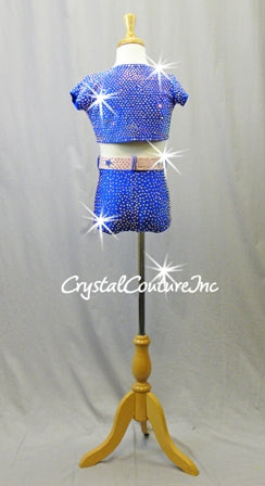 Blue and Pink 3 piece Crop Jacket, Shorts with Pink Bra Top - Rhinestones