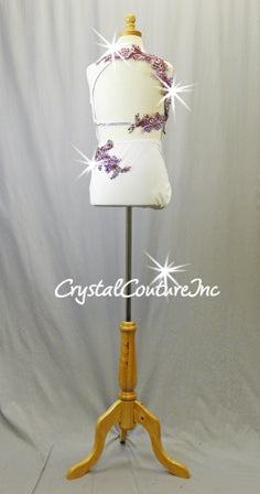 White Lycra and Sheer Mesh Leotard with Burgundy Appliques - Swarovski Rhinestones