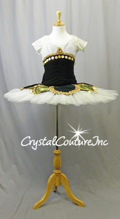 Dark Green Velvet and Ivory Lace Platter Tutu with Gold Trims - Swarovski Rhinestones