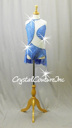 Lt Blue Lace and Mesh Leotard with Back Skirt - Swarovski Rhinestones