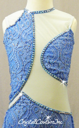 Lt Blue Lace and Mesh Leotard with Back Skirt - Swarovski Rhinestones