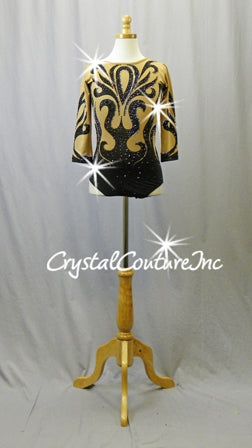 Custom Nude & Black 3/4 Sleeve Leotard with Scroll Pattern - Swarovski Rhinestones